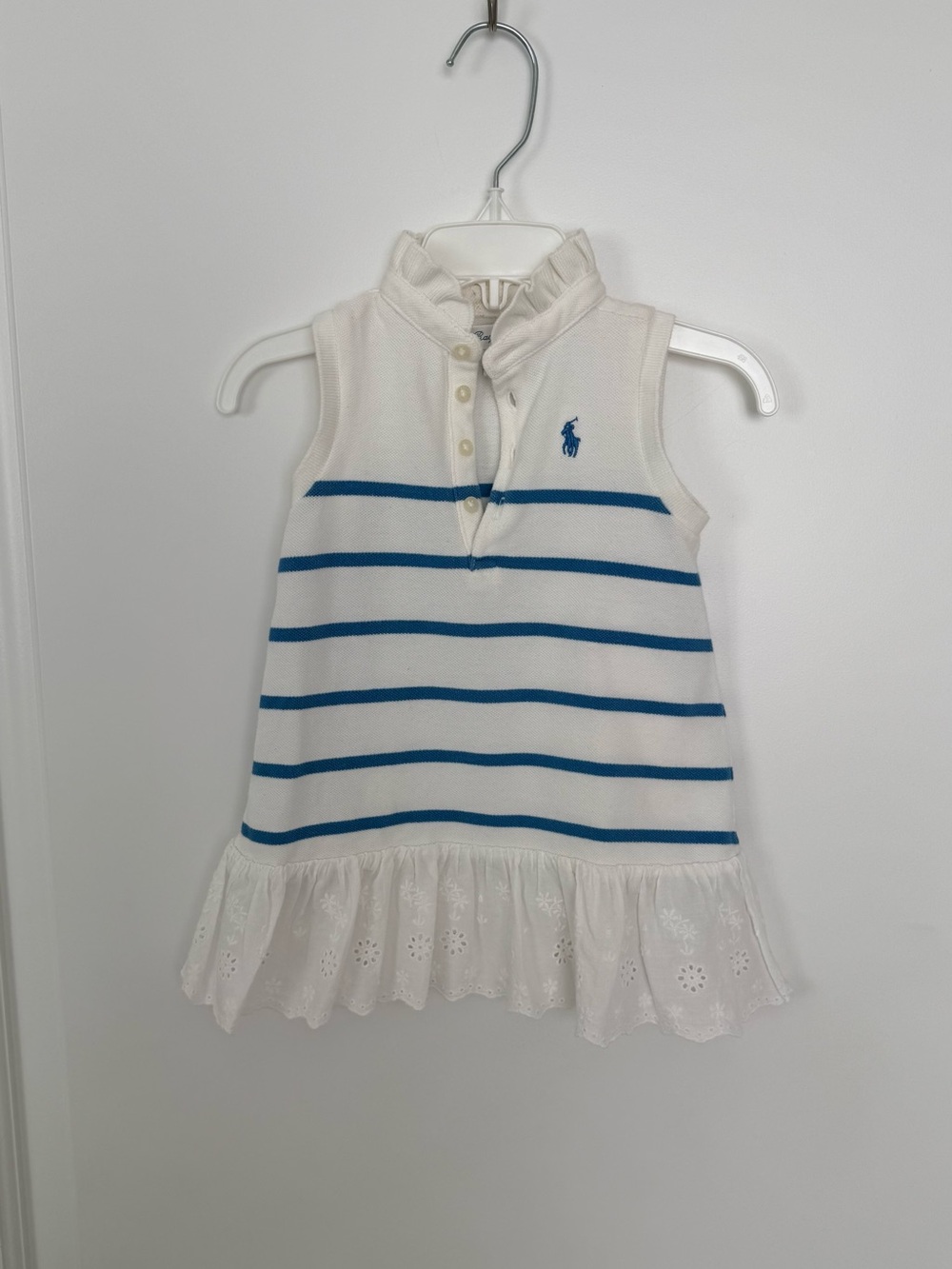 Ralph Lauren White Dress with Blue Stripes & Eyelet Ruffle - Girls